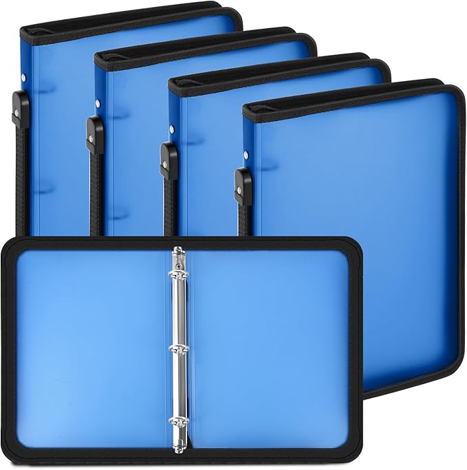 Teling 4 Pcs Plastic Zipper Binders with 3 Ring Zipper Binder, Refillable File Organizer Planner for Projects, Assignments, Memos, School Work (1 Inch,Blue)