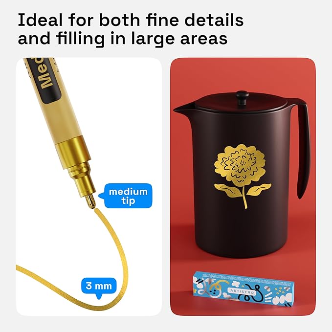 ARTISTRO 2 Gold & Silver Acrylic Paint Markers - 3mm Medium-Tip Paint Pens - Perfect for Crafting, Art Projects, & More