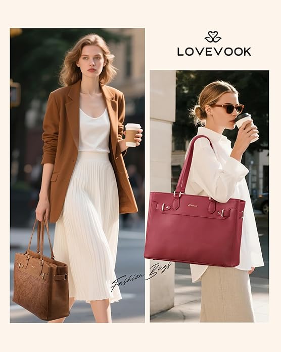 LOVEVOOK Laptop Tote Bag for Women Work, Teacher Tote Bag with Large Cup Holder, 15.6 Inch Waterproof Leather Computer Bag