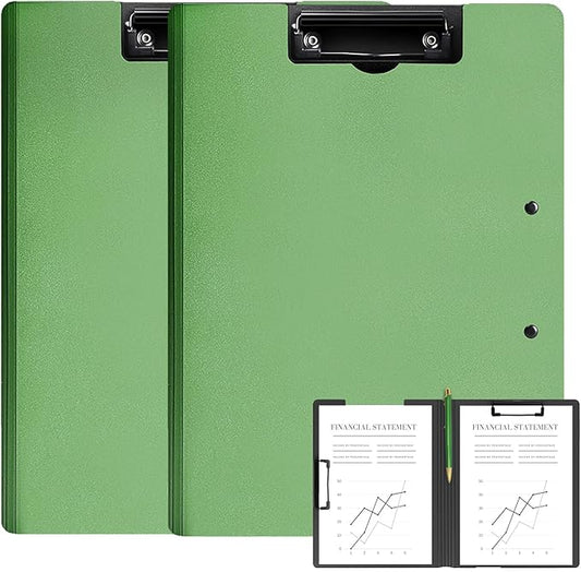 2 Pack Foldable Clipboards, A4 Office Clipboard Folder with Double Metal Clips, 360 Degree Foldable Binder Clipboard with Pen Holder, File Cover Work Folder Clipboards, Green