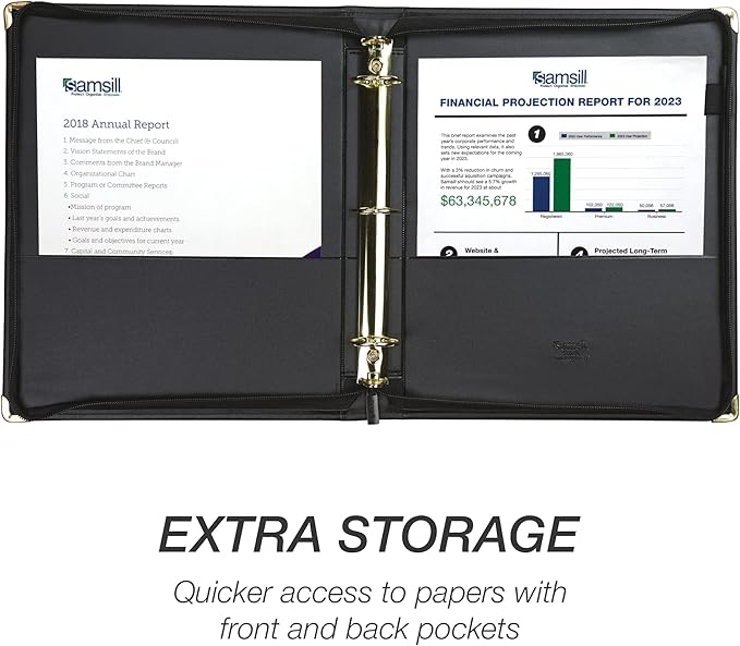 Samsill Classic Collection Leather Binder, Zippered, Executive Presentation Portfolio, 1.5 Inch (Holds 325 Sheets), Brass Round Ring, Black