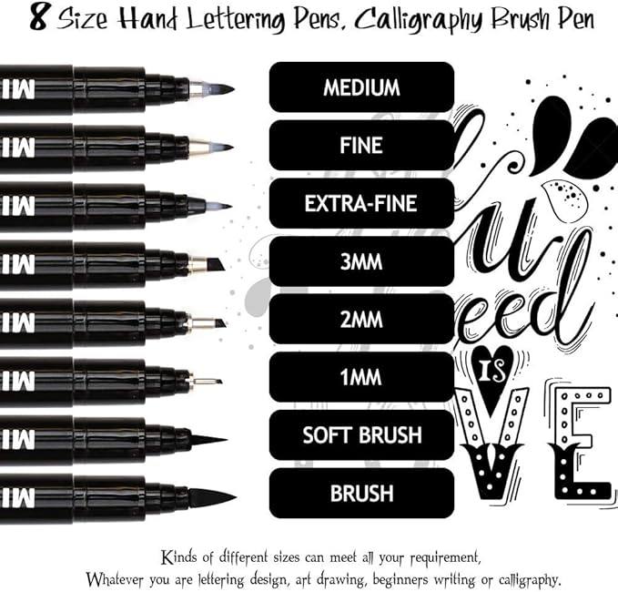 dainayw Calligraphy Brush Pen, Hand Lettering Pens, 8 Size Black Markers Set for Artist Sketch, Technical, Writing, Art Drawing