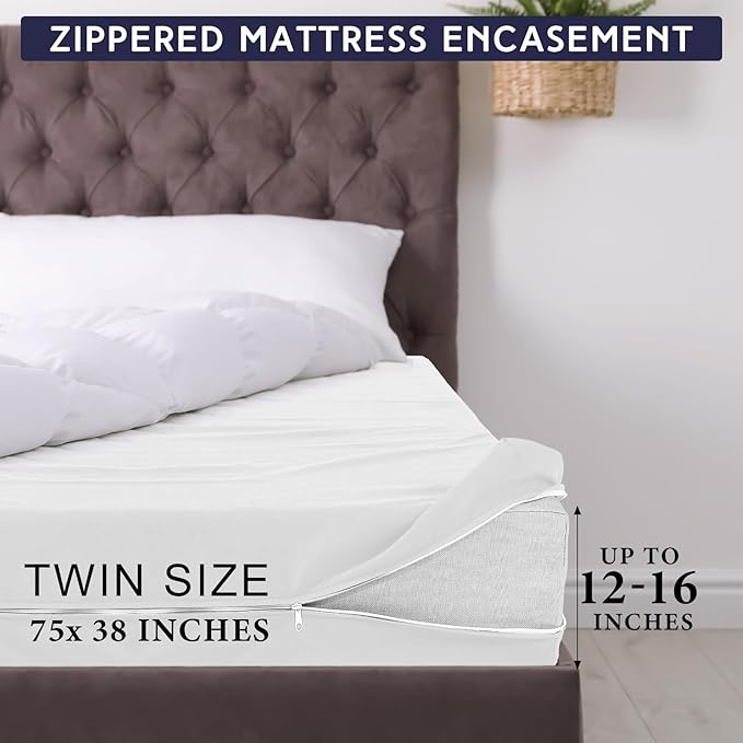 Zippered Mattress Fitted Protector Deep Mattress Encasement Soft Zipper Fitted Sheet Microfiber Bed Sheet Cover for Bed (White,Queen,12-16in)