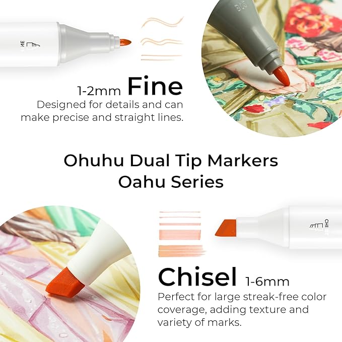Ohuhu Alcohol Markers 48 Pastel Colors: AP Certificated Double Tipped Art Marker Set for Artists Adults Coloring Illustration - Chisel and Fine Dual Tips - Oahu of Ohuhu Markers - Refillable
