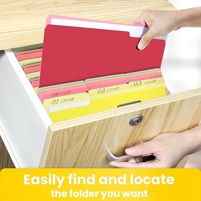 SUNEE File Folders Letter Size Assorted Colors, 100 Pack Manilla Folders 8.5 x 11 1/3-Cut Tabs, Colored File Folders Office Home School for Documents Files Paper