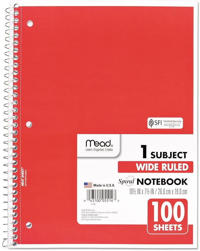 Mead Spiral Notebook, 1 Subject, Wide Ruled Paper, 100 Sheets, 10-1/2" x 8", Color Selected For You, 1 Count (05514)