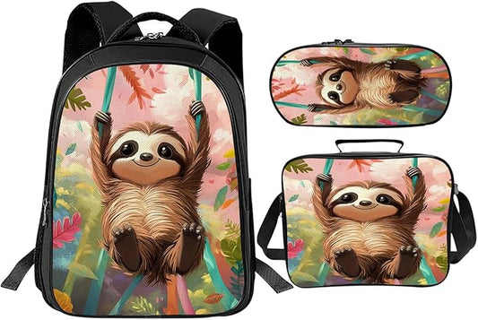 Cute Sloth Backpack Set 3 Piece School Bags and Lunch Box with Pencil Case Sloth Animal Bookbag Set for Toddler Kids Girls Boys Teens Kindergarten Elementary Middle