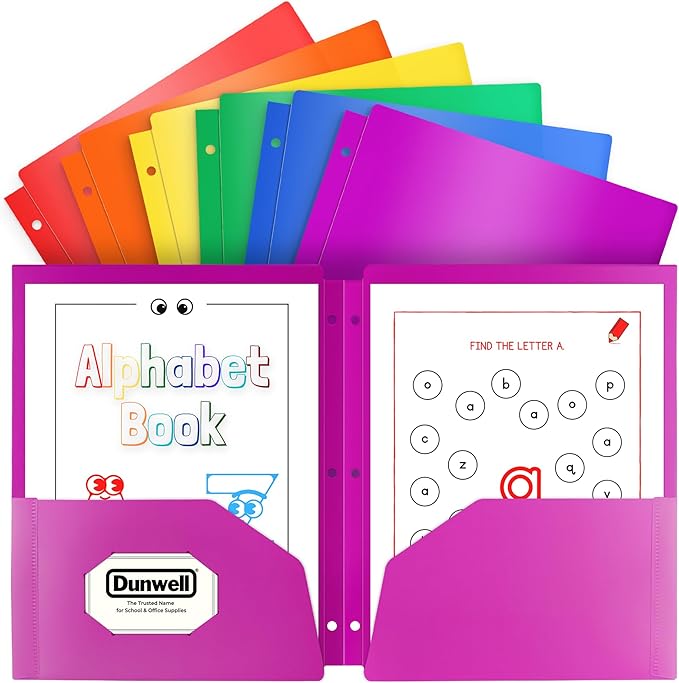 Dunwell Plastic 2-Pocket Folders for 3-Ring Binders, (12 Pack, Assorted Colors) 3 Hole Punched, Divider Folder for Notebook, Durable Poly, Fits 8.5x11 Sheets, Includes Labels