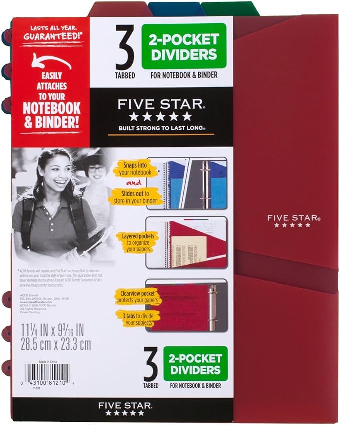 Five Star 2-Pocket Dividers, Tabbed, Colors Will Vary, 3 Pack (81210)