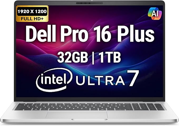 Dell Pro 16 Plus PB16250 (Replaces Latitude 5550) AI Business Notebook 16" FHD+ Intel Ultra 7-265U, 32GB DDR5 RAM, 1TB SSD PCIe, Wi-Fi 6E, BT, Backlit Keyboard, HD Webcam, RJ-45, Win 11 Pro - Silver