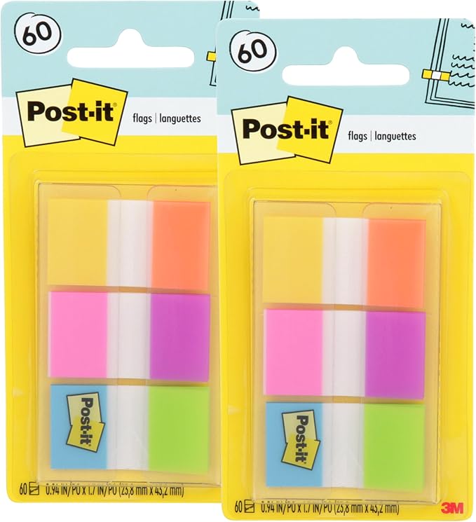 Post-it Flags, 60/On-The-Go Dispenser, .94 in Wide, Alternating Electric Glow Collection (680-EG-ALT) (Pack of 2)