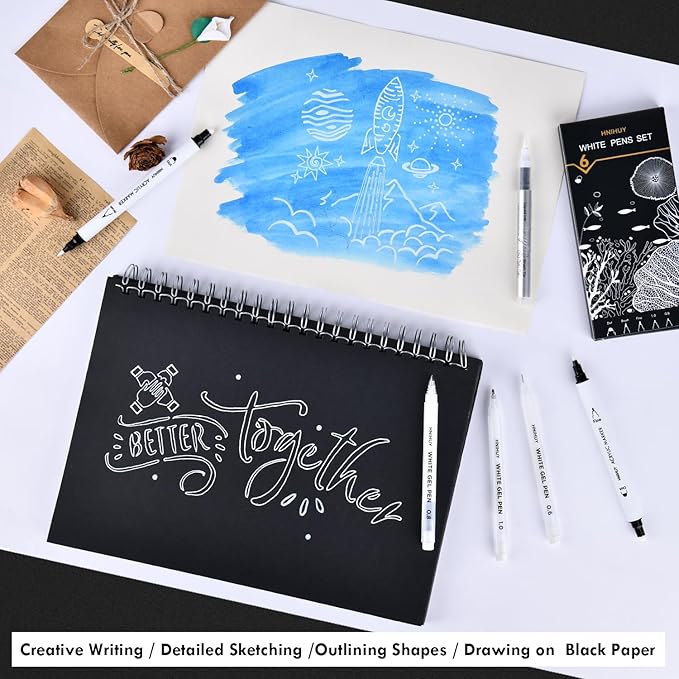 HNIHUY White Ink Pens, Fine Point White Gel Pens, Brush Tip Acrylic Markers, Dual-Tip Opaque Paint Pens for Black Paper Drawing, Sketching, Illustration, Card Making, 6 Pack