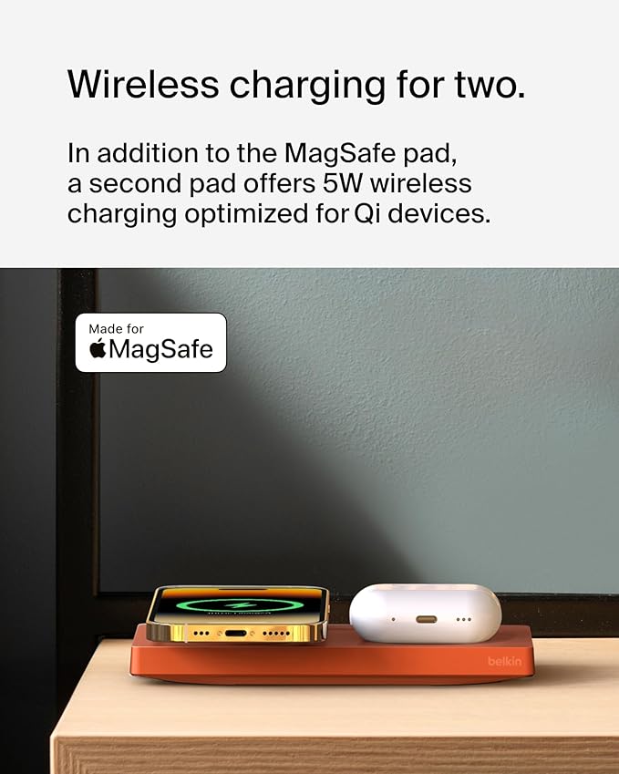 Belkin 2-in-1 Wireless Charging Pad with MagSafe 15W, Fast Charging iPhone Charger - Wireless Charging Station for iPhone 17, 16, 15, and 14 Series, AirPods, and Other MagSafe Enabled Devices - Orange