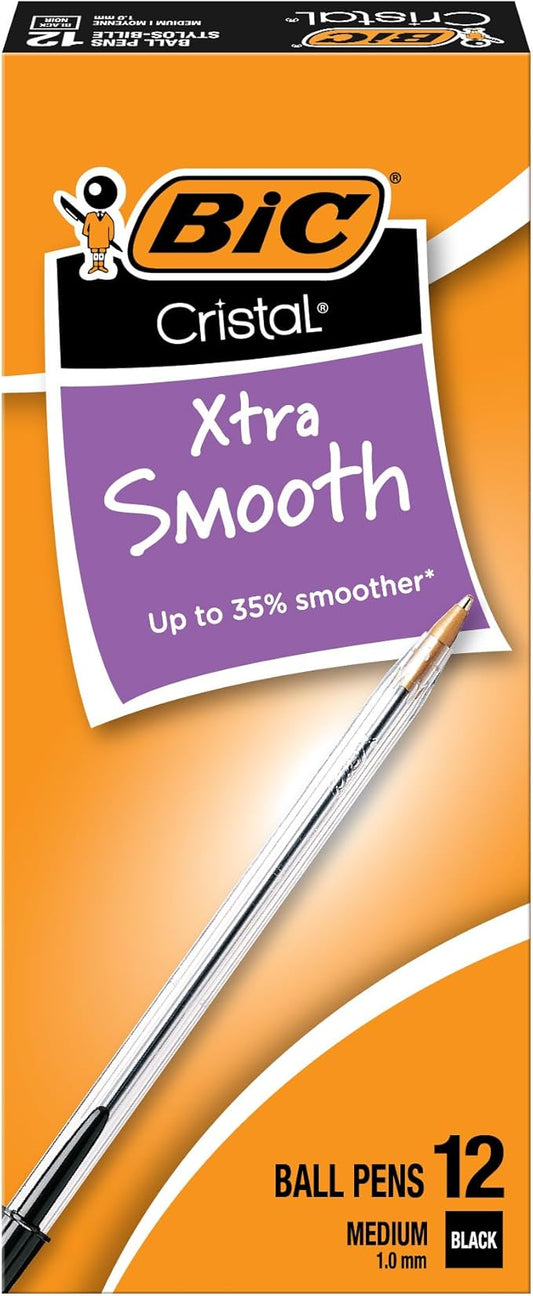 BIC Cristal Xtra Smooth Black Ballpoint Pens, Medium Point (1.0mm), 12-Count Pack, Extra Smooth and Reliable Ballpoint Pens
