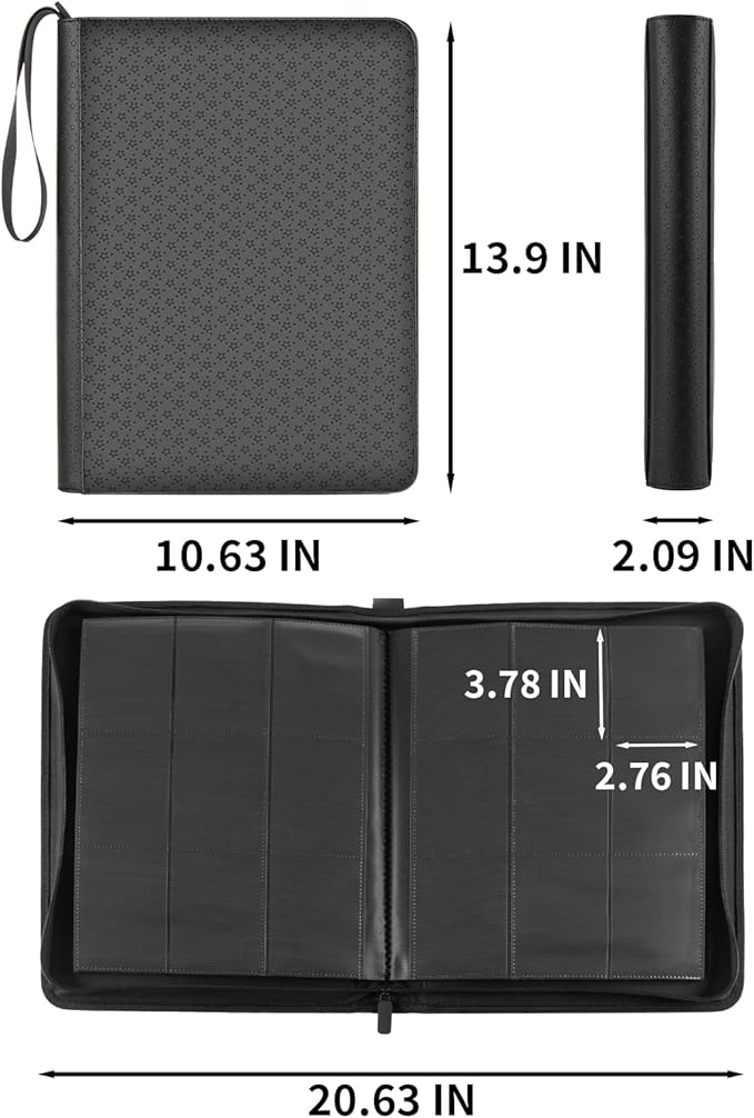 Card Binder 9 Pocket - 432 Cards, Premium Durable & Rigid PU Leather, 24 Page Zippered Side-Loading for Baseball, TCG, Trading & Sports Cards (Professional Black)