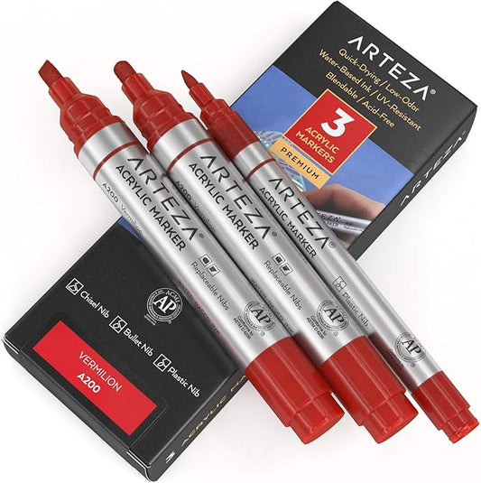 Arteza Acrylic Paint Markers, Pack of 3, A200 Vermilion, 1 Thin and 2 Thick (Chisel + Bullet Nib) Acrylic Paint Pens, for Metal, Canvas, Rock, Ceramic Surfaces, Glass, Wood, and Fabric