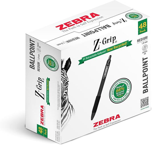 Zebra Pen Z-Grip Recycled Retractable Ballpoint Pens, 1.0mm, Black Ink, Durable Metal Clip, 68% Recycled (GRS Certified; Global Recycled Standards), School & Office Supplies, 48-Pack (20418)