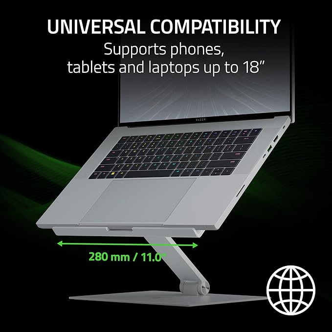 Razer Adjustable Laptop Stand: Supports Phones, Tablets, Laptops, Macbooks up to 18" - Adjust Height and Tilt - Durable Aluminum Construction - Vented Design - Foldable for Storage & Travel - Mercury