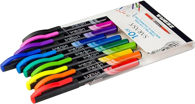 Zebra Pen, SARASA Fineliner Felt Tip Pens, 0.8mm Porous Point, Assorted Colors, Archival Quality, Acid Free, Fast-Drying Ink, Smooth Writing for Notes, Planners, and Journals, 10-Pack (67101)