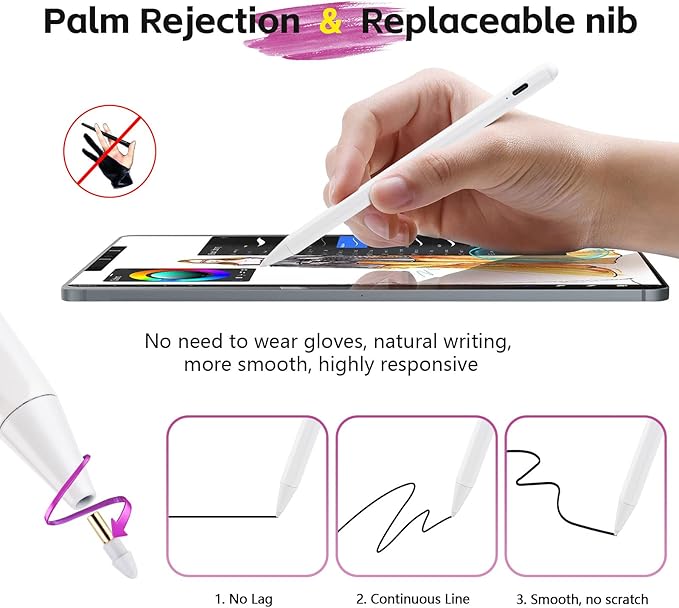 iPad A16 Pencil with Palm Rejection, Fast Charging Stylus Pen A8 for iPad A16/10th/9th/8th/7th/6th Gen, iPad mini 5th/6th/7th, iPad Air 5th/4th/M2/M3, iPad Pro 11"/12.9"/13"/M4/M5, Magnetic, White