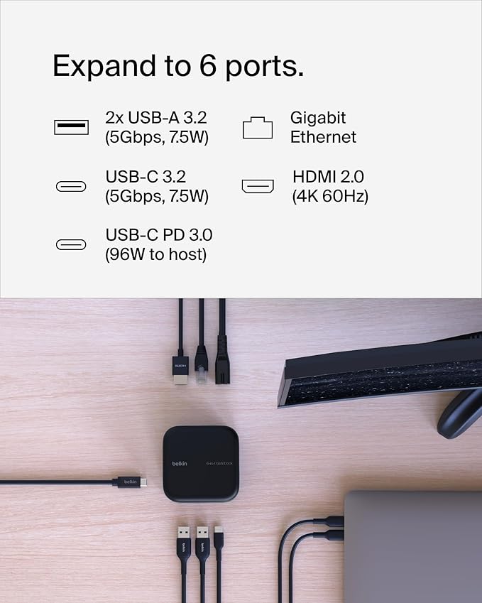 Belkin Connect USB-C 6-in-1 Core GaN Dock 130W, Multiport Docking Station w/ 96W PD to Peripherals, USB-C, USB-A, Gigabit Ethernet, & HDMI 4K Ports for Gaming, MacBook Pro, PC Laptops, & Chromebook