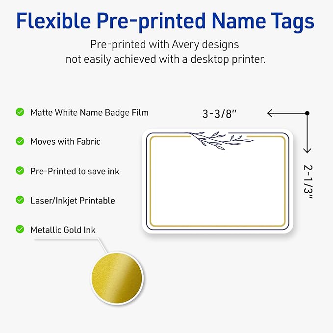 Avery Printable Adhesive Name Tags, 2-1/3" x 3-3/8", Matte White with Gold & Navy Border, Removable, Laser & Inkjet Compatible, 80 Total, Great Name Badges for Weddings & Events