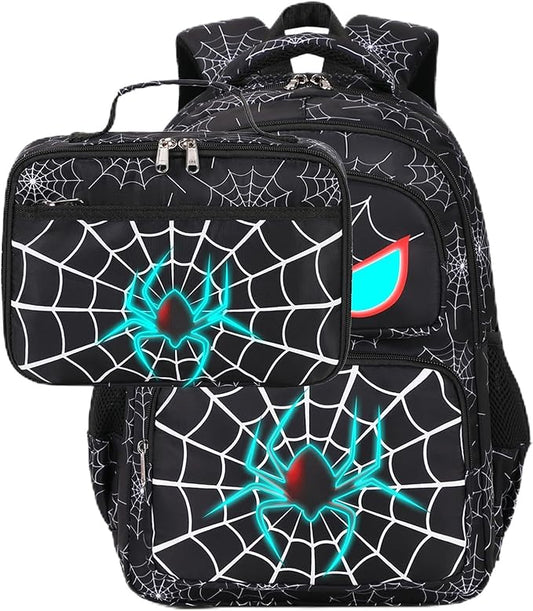 Boys Backpack with Lunch Box Glow in Dark Bookbag Kids Ages 4-12 Kindergarten Elementary School Spider Backpack, Luminous Spider Black