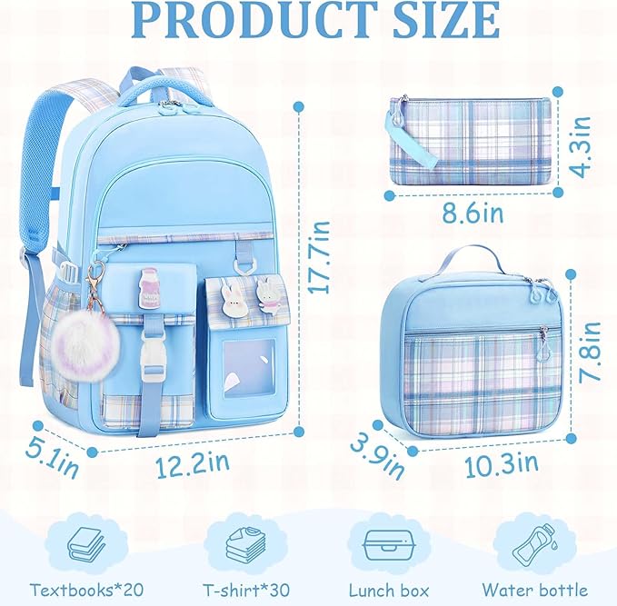 School Backpack for Girls - 5PCS Girls Backpack with Lunch Box Set for Elementary, Middle and High School Students - 18" Large Capacity School Bookbag with Multiple Pockets