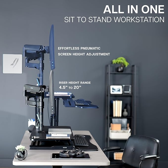 VIVO 36 inch Standing Desk Converter with Dual Monitor Mount for up to 32 inch Screens, Height Adjustable Riser with Mechanical Spring Arms, Black, DESK-KIT-036K2K