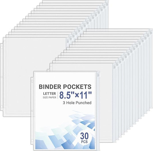 Antner 30pcs Letter Size Binder Pockets for 3 Ring Binder, White Zipper Document Organizer Pouches Heavyweight PVC 3-Hole Loose Leaf File Folders Page Sheet Protectors Side-Loading for Home Office