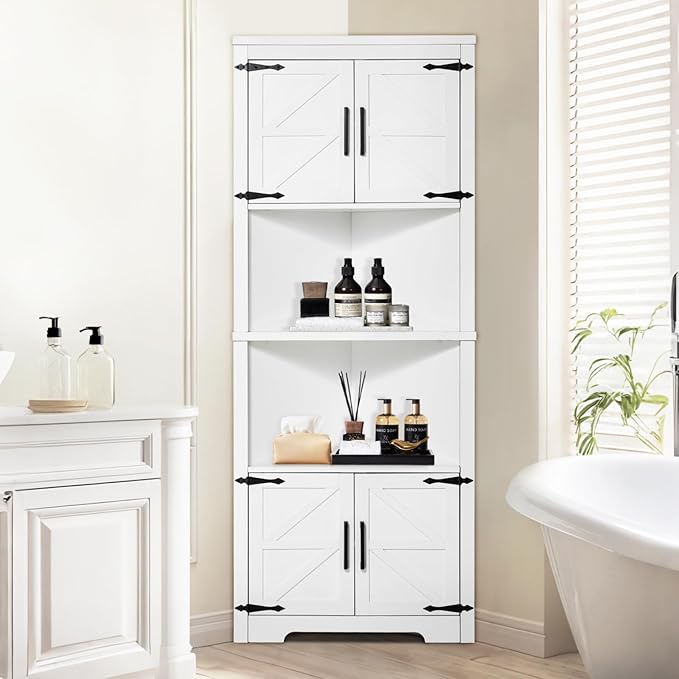 VEVOR 68" Tall Corner Storage Cabinet, 6 Tiers Farmhouse Storage Cabinet with 4 Wooden Doors & Adjustable Shelves, Freestanding Corner Kitchen Cabinet for Living Room, Kitchen, Laundry Room, White