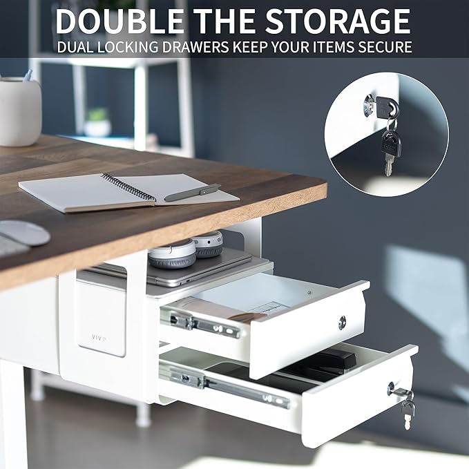 VIVO 13 inch Under Desk Double Stacked Slide Out Drawers with Lock, Secure Home Office Storage Organizer, White, DESK-AC03L-2W