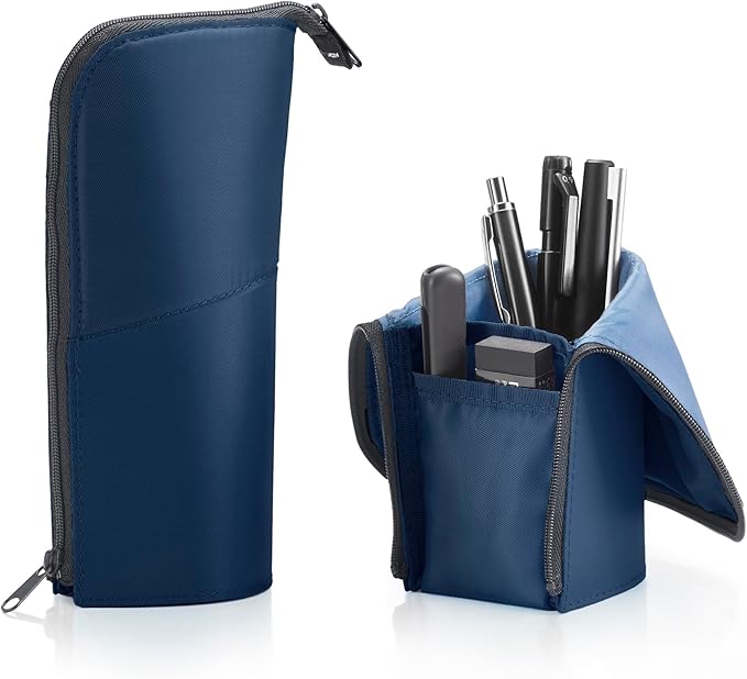 KOKUYO Pencil Case Pouch, Neo Critz Standing Pen Pouch Bag, Foldable Stand up Pencil Holder Organizer, Small Portable Pencil Box for School Office Supplies, Navy x Blue, Regular Size (F-VBF180-2)