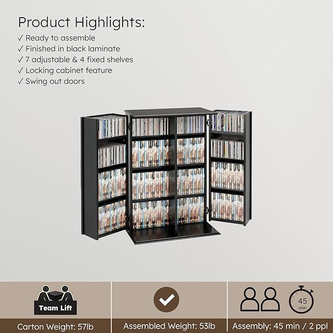 Prepac 33" H Locking Cabinet with 7 Adjustable & 4 Fixed Shelves, Black Storage Cabinet, Display and DVD Storage 14.5" D x 24" W x 33.25" H