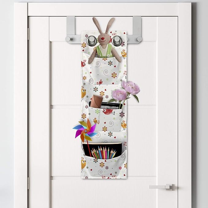 Ambesonne Cartoon Hanging Pocket Organizer, Birds Swirls Flowers and Mini Hearts Nature Inspired Drawing Style Happy Animals, Printed Polyester Storage Bag with Pockets, 9" x 27", Multicolor