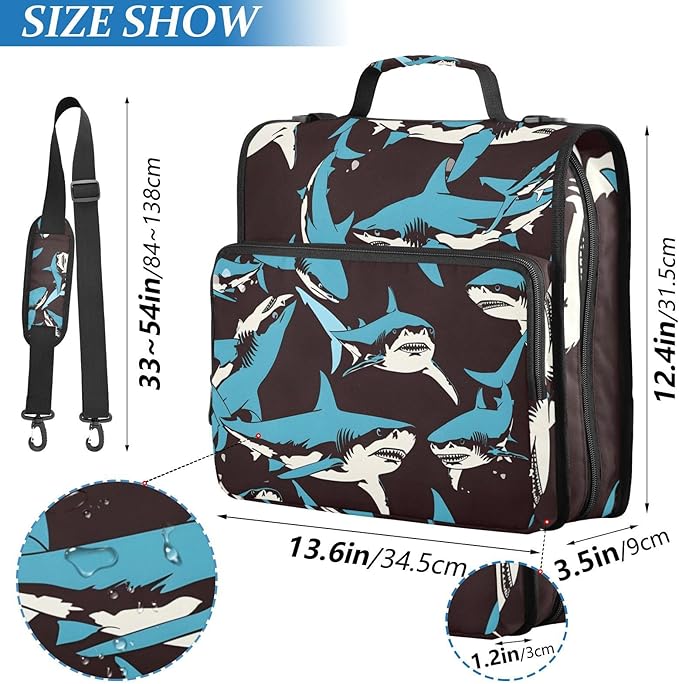 Shark Blue Ocean Black Zipper Binder Bag 3 Ring Binder with Shoulder Strap Zip Up 500 Sheets Capacity Multi Pockets for School Office Supplies