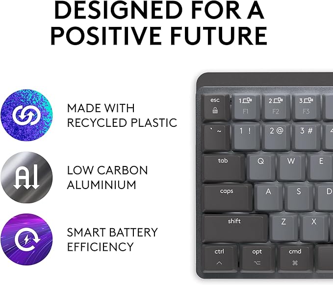 Logitech MX Mechanical Mini for Mac Wireless Illuminated Keyboard, Low-Profile Performance Switches, Tactile Quiet Keys, Backlit, Bluetooth, USB-C, Apple, iPad - Space Grey