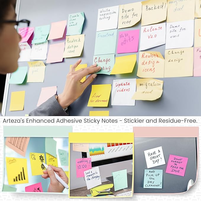 ARTEZA Sticky Notes, 3x3 Inches, 12 Pads, Bulk Pack of Assorted Multicolor Self-Adhesive Notes for Office, School & Home