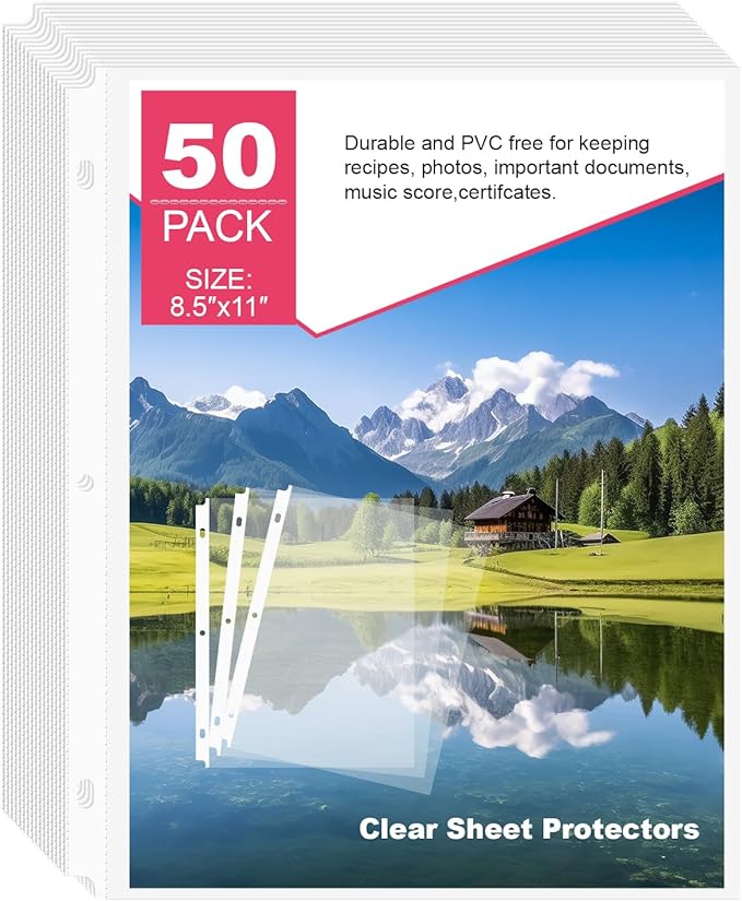 50-Pack Standard Weight Sheet Protectors 8.5"x11" Top-Loading Acid-Free Document Sleeves for School, Office, Home & 3-Ring Binders