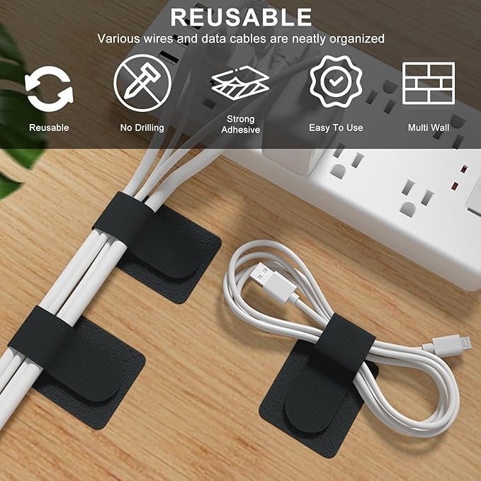 100-Pack Reusable Self-Adhesive Cable Ties cable management Adjustable Hook & Loop Straps for Organizing Data Cables, Wires, Headphones Under-Table Cord Management for Home, Office