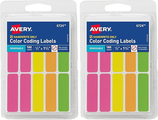 Avery Removable Color-Coding Labels, Removable Adhesive, 1/2" x 1-3/4", Assorted Neon Colors, 180 Labels (6724) (Pack of 2)