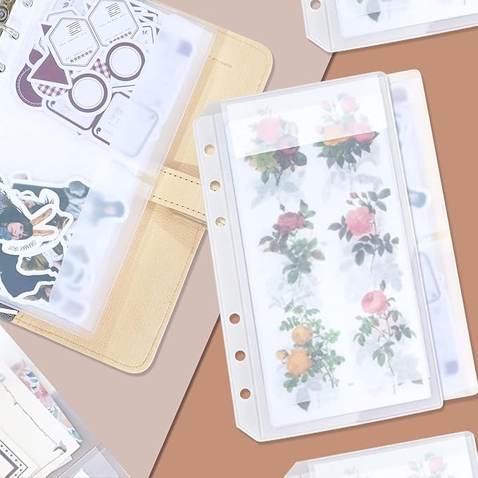 Binder Pockets, 20pcs A5 Size 6 Holes Binder Pockets, [Waterproof PVC Pouch] Premium Clear Binder Zipper Folders Document Filing Bags for 6-Ring Notebook Binder Loose Leaf Bags,-Clear