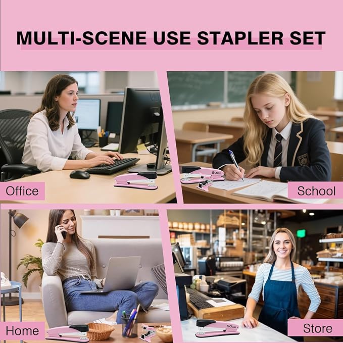 Metal Heavy Duty Stapler, 50 Sheet Capacity Stapler with 2000 Staples and Staple Remover, No Jam, Non-Slip Stapler for Desk, Pink Office Supplies for Teacher, Office Clerks