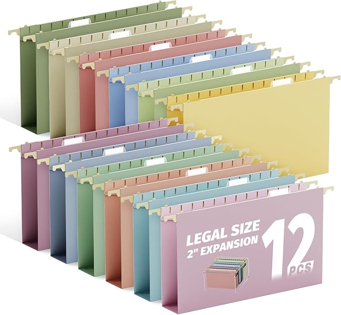 Ansook Plastic Legal Size Hanging File Folders,Extra Capacity 2" Expandable Legal File Folders Hanging with Tabs,12 Pack Pastel Hang Folders for Filing Cabinet, Office School Hanging File Organizer