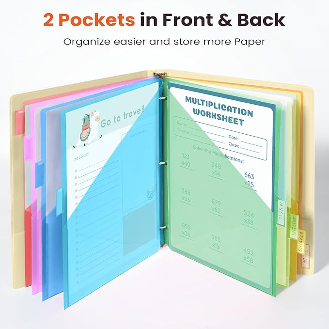 Sooez 24 Count Dividers with Pockets, 8 Tabs Binder Dividers for 3 Ring Binders, Binder Dividers with tabs, Binder Divider with Pockets for US Letter Size, Insertable Big Tabs, Red, Set of 3