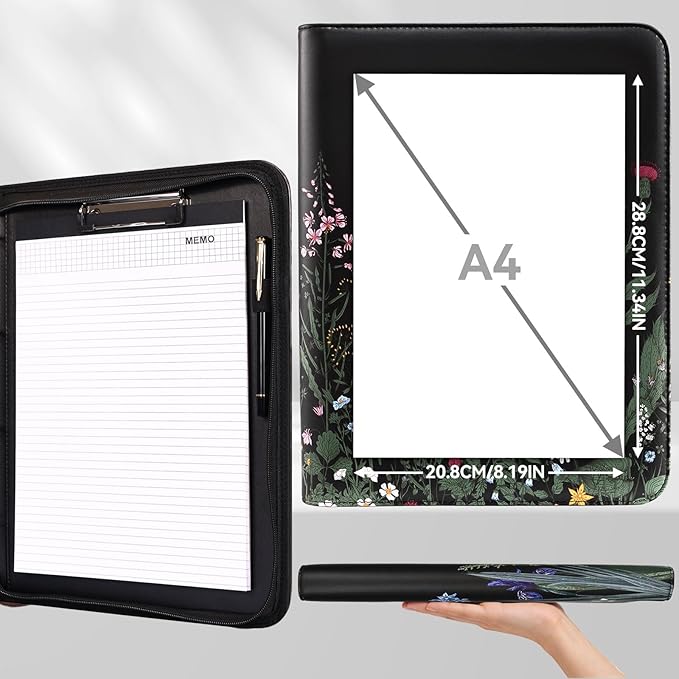 Eshow Portfolio Organizer - 3 Ring Binder with Zipper, Vegan Leather Business Padfolio Folder with Notepad Includes 5 Colorful Sheet Protectors for Documents Files for Women