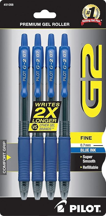 Pilot G2 Premium Gel Roller Pens, Fine Point 0.7 mm, Blue Ink Pens Fine Point, Pack of 4 - Ideal for School, Journaling, and Office Writing