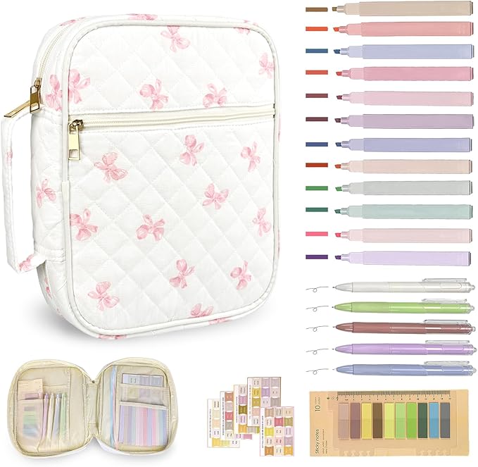 Bible Cover Case for Women,Bible Study Supplies Accessories,Bible Journaling Kit,Pink Flower Carrying Case with Highlighters