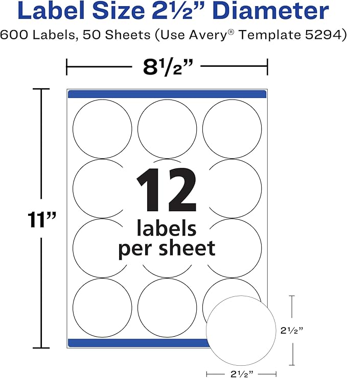 Avery High Visibility Printable Round Labels with Sure Feed, 2.5" Diameter, White, Laser Printer, 300 per Pack, 2 Packs, 600 Customizable Blank Labels Total (45294)