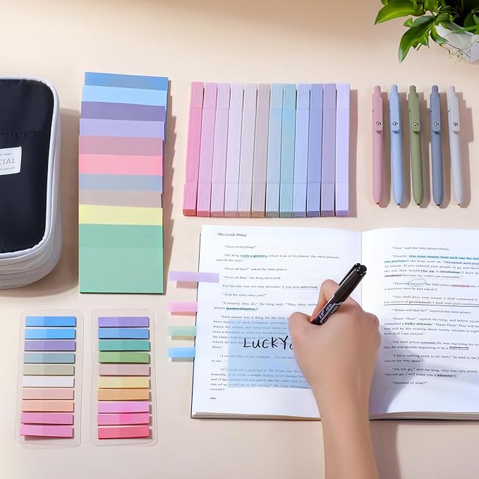 49Pcs Book Annotation Kit - Aesthetic School Supplies with Cute Pen Case Highlighters Gel Pens and Marker, Sheets Transparent Index Tabs Sticky Notes Bible Study Supplies(Black)